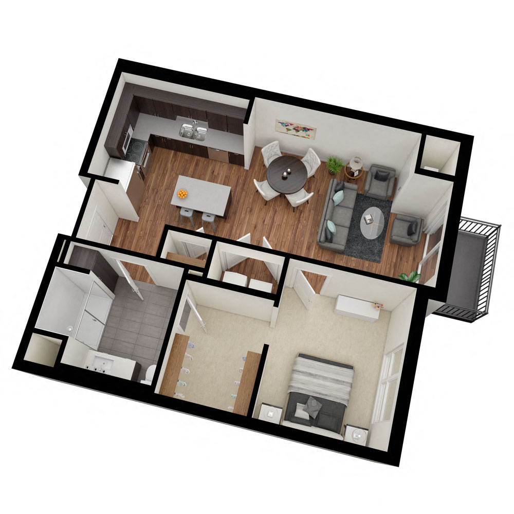 Floor plan for 1 bed, 1 bath, 702 sqft